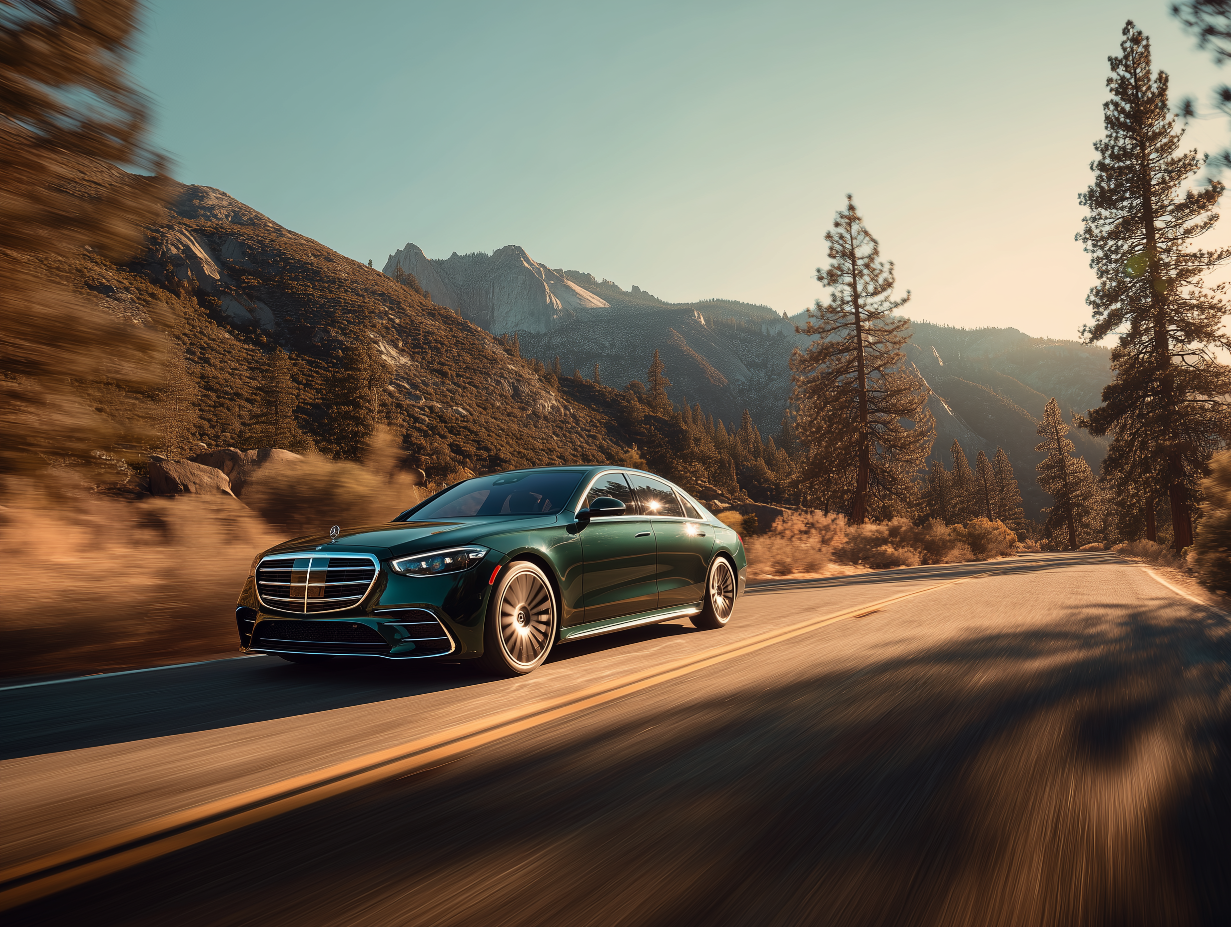 Cobia Glitter hero - Green Mercedes on Sierra Nevada road